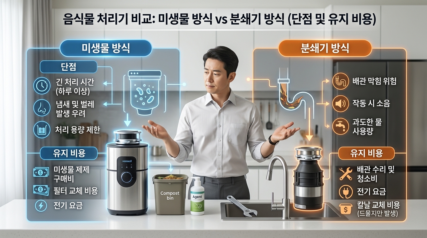 음식물 처리기 단점 및 유지비 비교 (미생물형 vs 분쇄형)