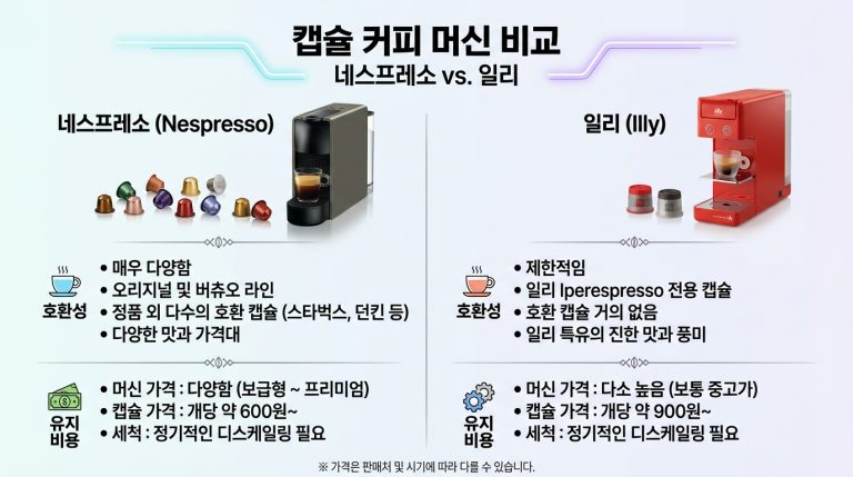 캡슐 커피머신 비교: 네스프레소 vs 일리 (호환성 및 유지비) 실전 가이드
